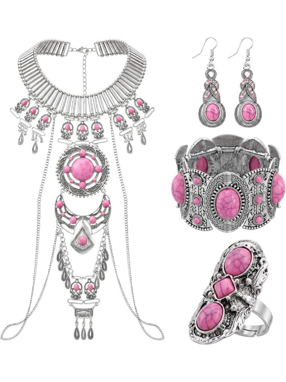 Turquoise Western Jewelry Set - 4 Pcs Boho Cowgirl Necklace & Earrings for Women